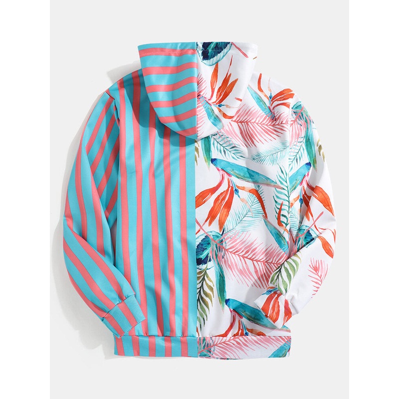 Mens Stripe Patchwork Palnt Leaves Print Kangaroo Pocket Hoodies