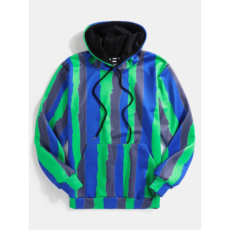 Mens Stripe Print Long Sleeve Casual Hoodies With Kangaroo Pocket