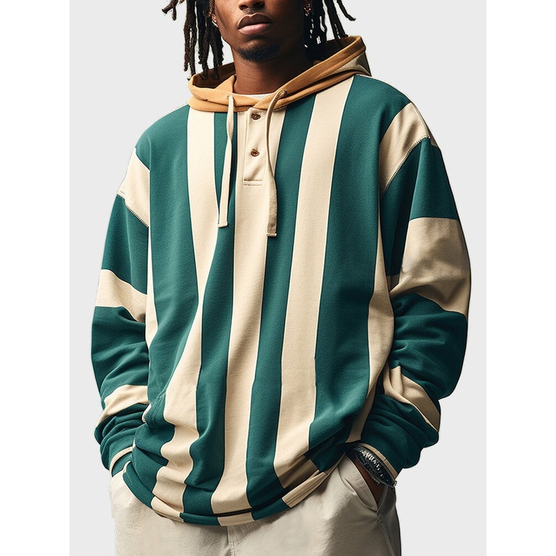 Mens Stripe Quarter Button Long Sleeve Casual Drawstring Hoodies