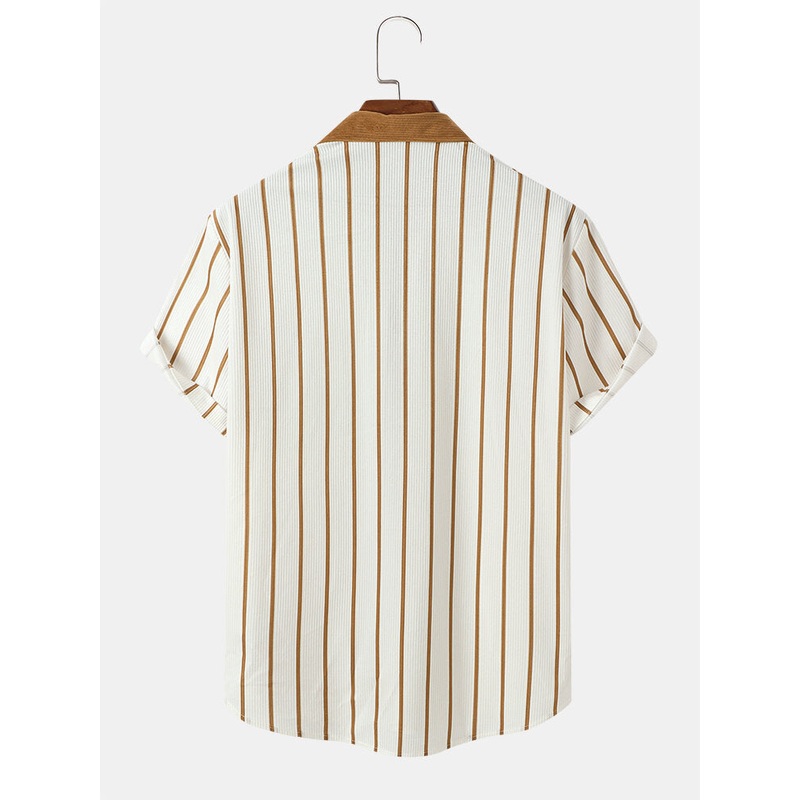 Mens Striped Chest Pocket Button Up Corduroy Short Sleeve Shirts