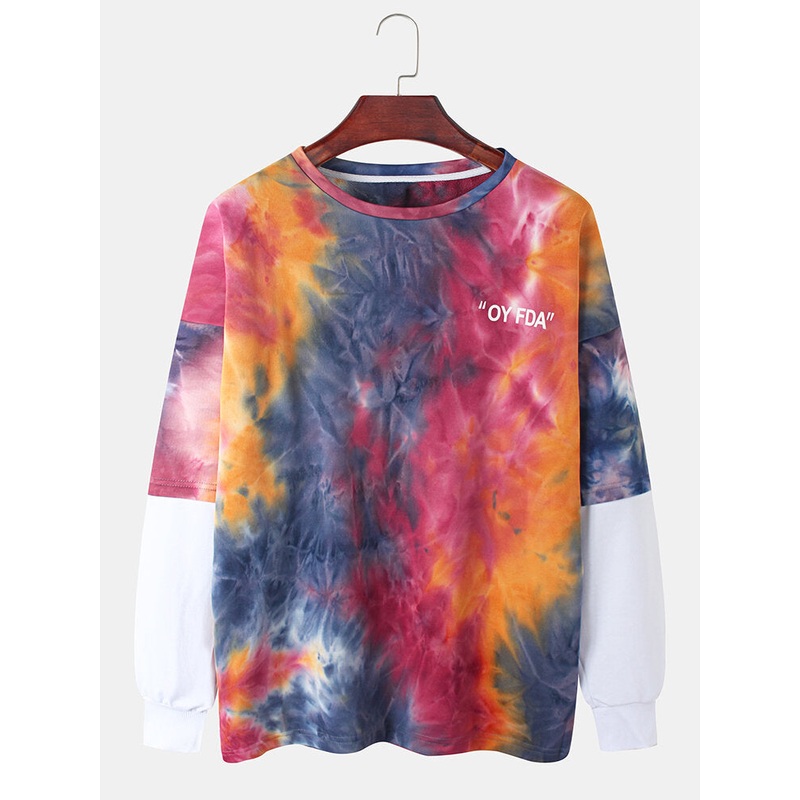 Mens Tie Dye Patchwork Drop Shoulder Pullover Long Sleeve Sweatshirts
