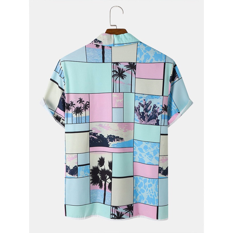 Mens Tropical Scenery Color Block Print Holiday Short Sleeve Shirts