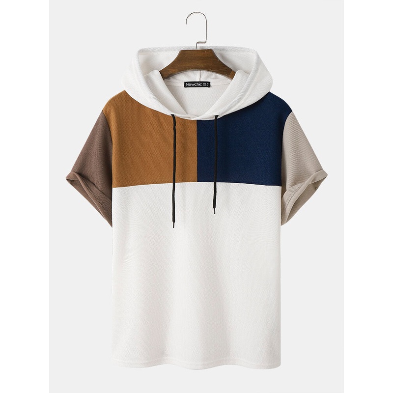 Mens Waffle Knit Color Block Hooded Patchwork Casual T-Shirts