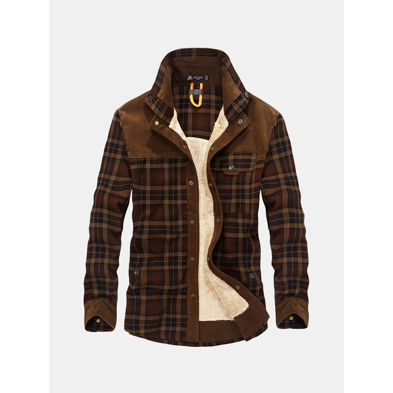Plus Size Casual Plaid Inside Fleece Business Turn Down Collar Thick Jacket