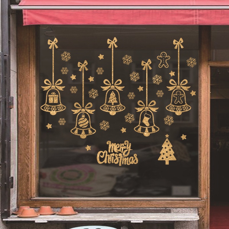 2Pcs/set Christmas Wall Sticker Double-Sided Christmas Bell Snowflake Window Decoration Sticker for Home Office