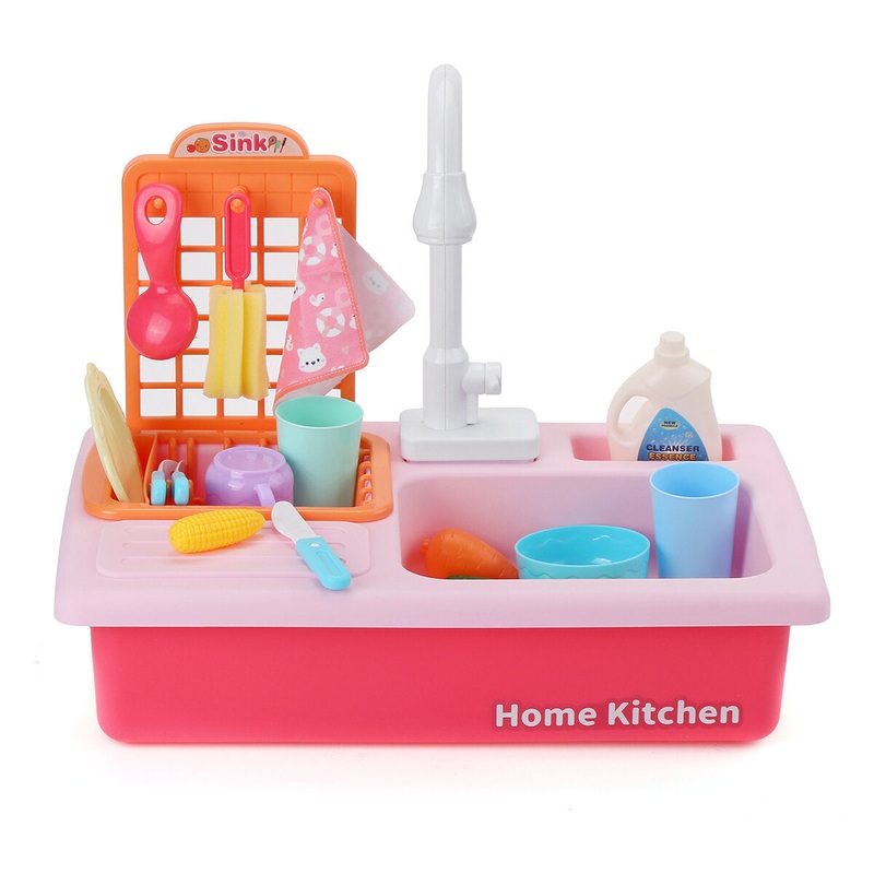 Color Kitchen Sink Toys Toddler Electric Dishwasher with Running Water Automatic Water Cycle System for Boys Girls