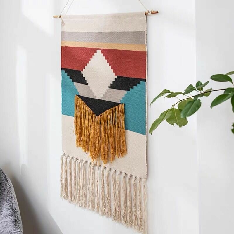 Macrame Wall Hanging Tapestry Cotton Linen Tassel Tapestry Geometric Print Wall Hanging Home Decor Tapestries