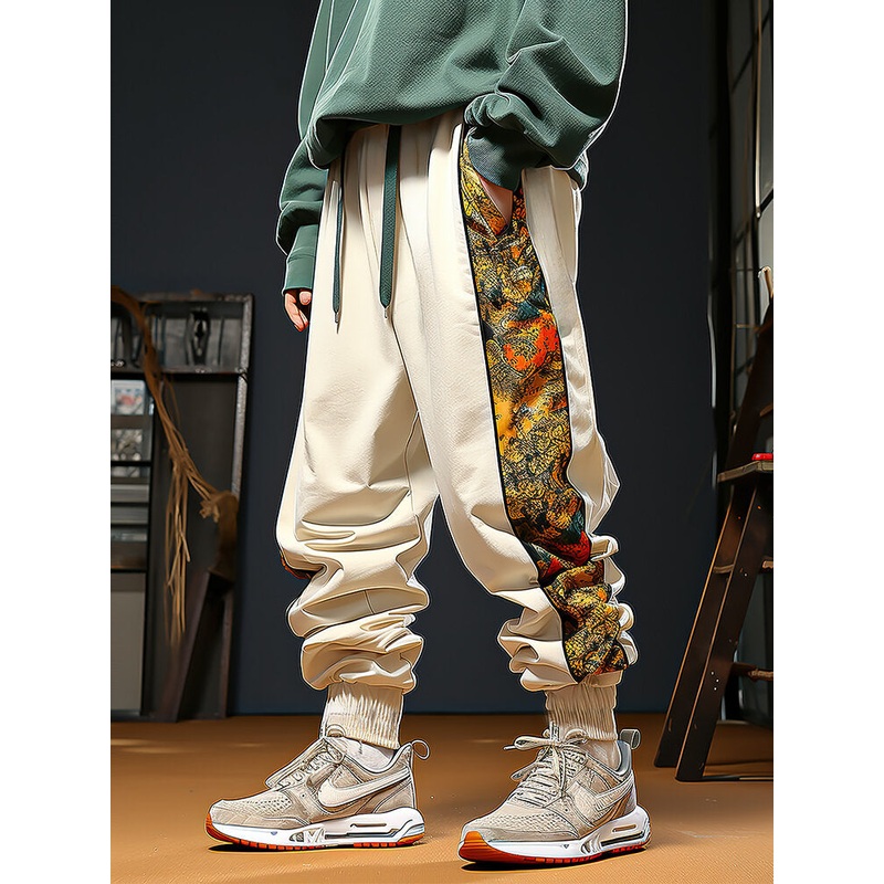 Mens Chinese Floral Print Side Patchwork Elastic Cuff Loose Pants