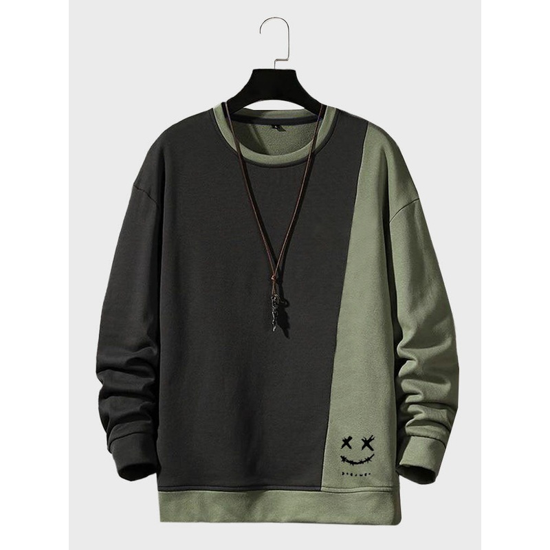 Mens Smile Print Two Tone Patchwork Pullover Sweatshirts
