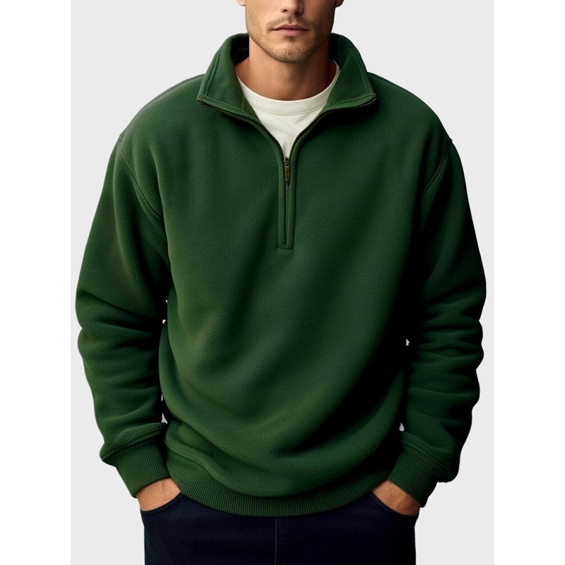 Mens Solid Stand Collar Half Zip Fleece Casual Pullover Sweatshirts