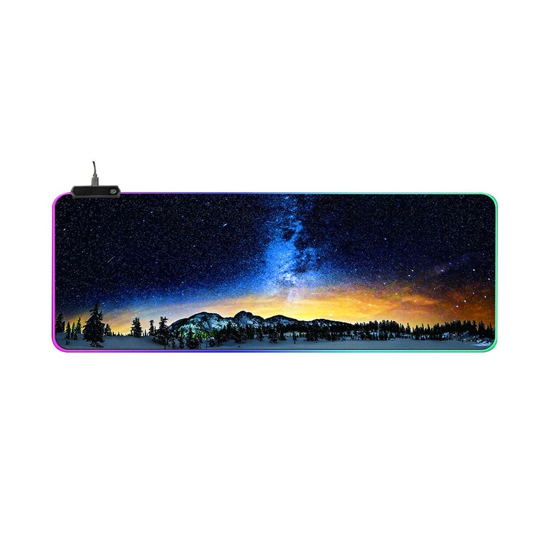 RGB Glowing Mouse Pad Mountain Starry Sky Pattern 14 Lighting Modes Soft Rubber Anti-slip Large Gaming Keyboard Pad Desktop Protective Mat for Home Office Working Gaming
