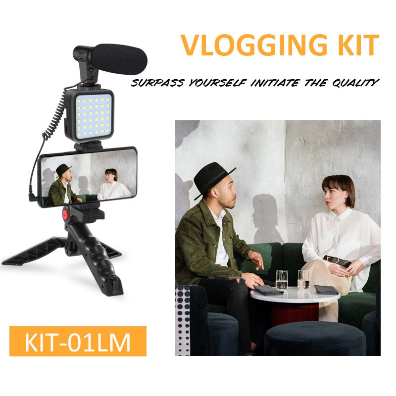 Bakeey KIT-01LM Vloggging Kits Professional Photography Set with microphone LED Fill Light Tripod Cell Phone Holder Clip Wireless Remote Control for Smart Phones PC Camera Vlogging YouTube Live Recording