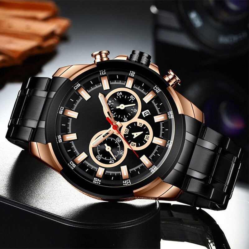 Deffrun Multifunction Business Style Men Wrist Watch Waterproof Stainless Steel Quartz Watch
