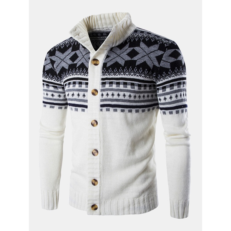 Christmas Mens Knitted Geometry Graphics Button Up Warm Sweater Cardigans