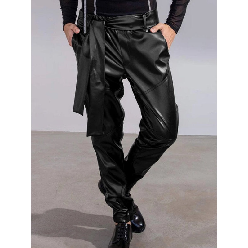 Men Belted Artificial Leather Casual Pants with Pockets