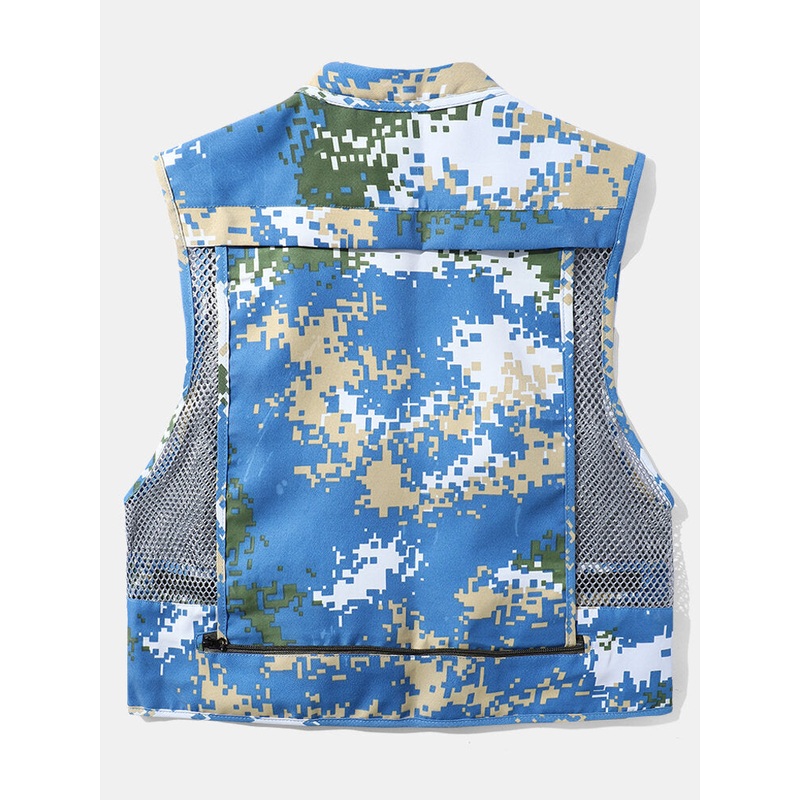 Men Camouflage Print Mesh Patchwork Utility Zip Pocket Cargo Vestes