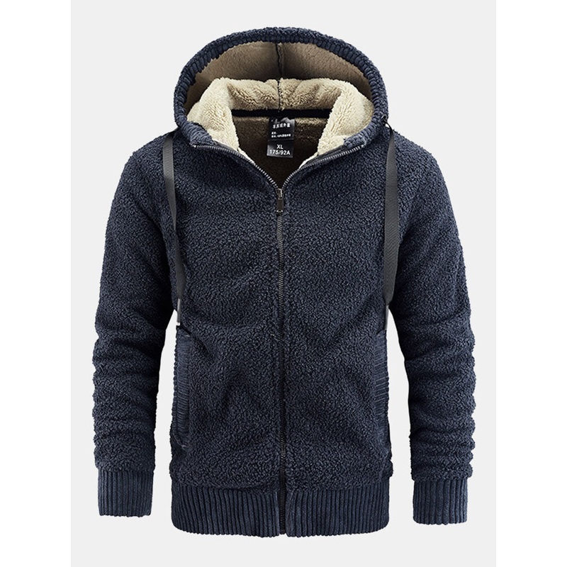 Men Cashmere Pure Pocket Elastic Hem Zipper Ski Hooded Jackets
