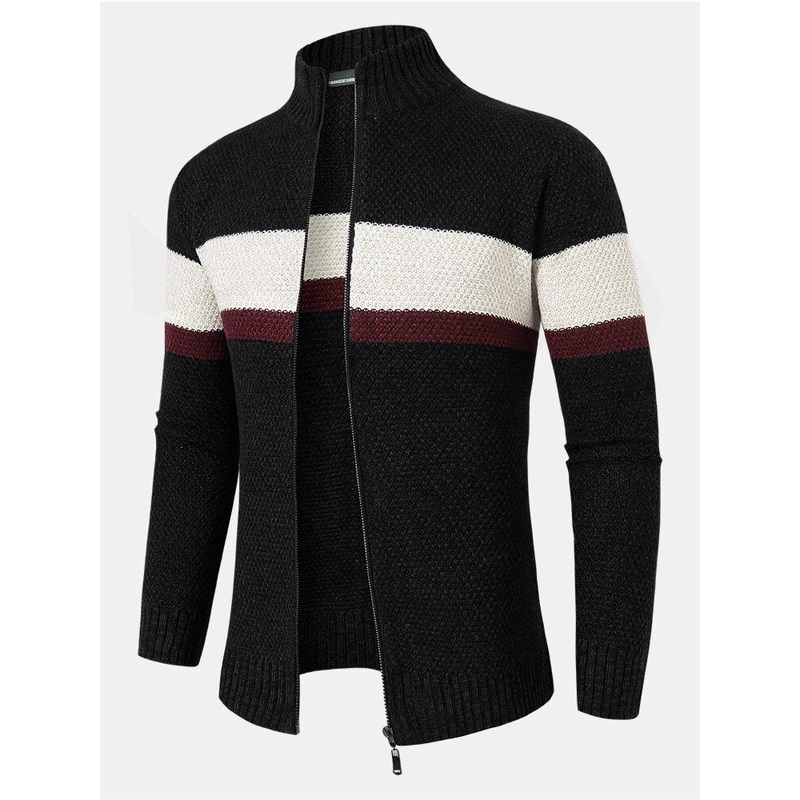 Men Color Block Striped Full Zipper Stand Collar Cardigans