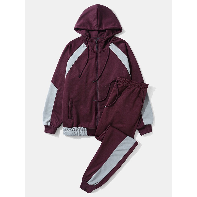 Men Contrast Patchwork Zip Hooded Jackets Sports Activewear Sets With Pocket Suits