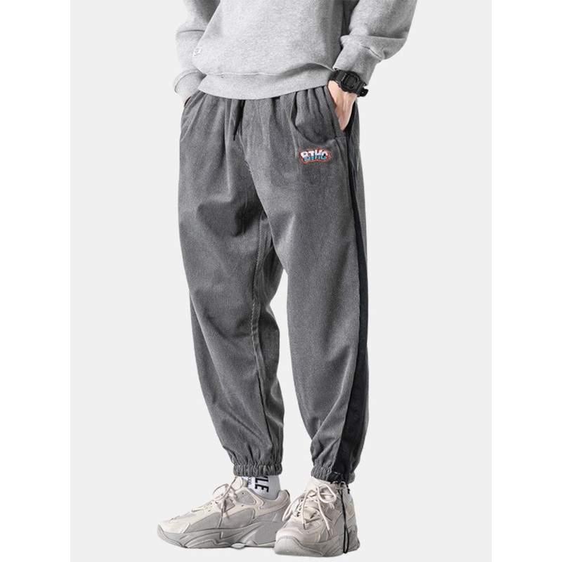 Men Corduroy Embroidery Strip Side Drawstring Pockets Casual Jogger Pants