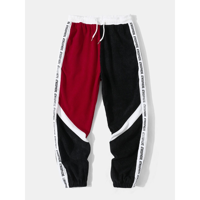 Men Corduroy Side Letter Ribbon Contrast Patchwork Casual Pants