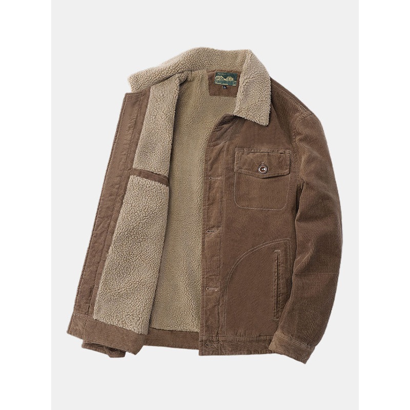 Men Corduroy Solid Color Thick Warm Multi Pocket Buttons Casual Jackets