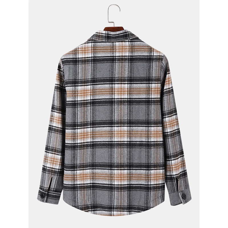 Men Cotton Plaid Pockets Contrast Lapel Button Casual Shirt Jackets