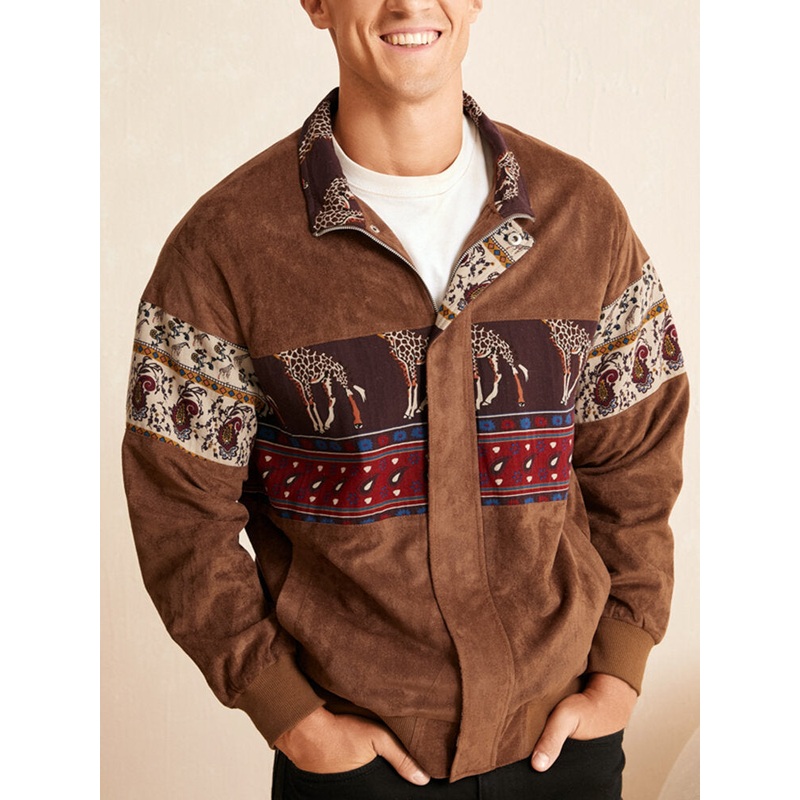 Men Ethnic Animal Paisley Print Patchwork Zipper Faux Suede Jackets