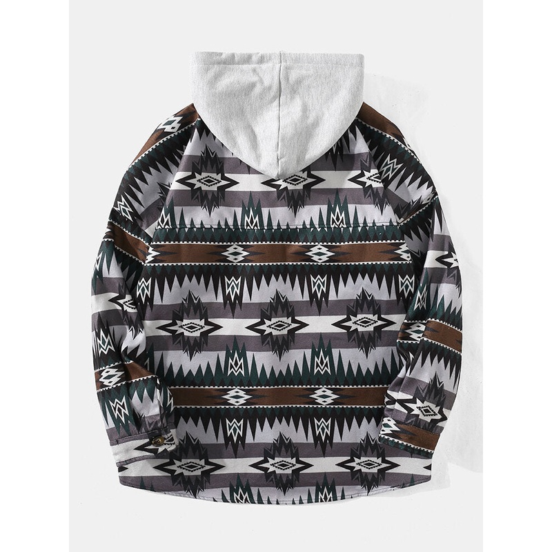 Men Ethnic Pattern Hood Detachable  Drawstring Flap Pocket Jackets