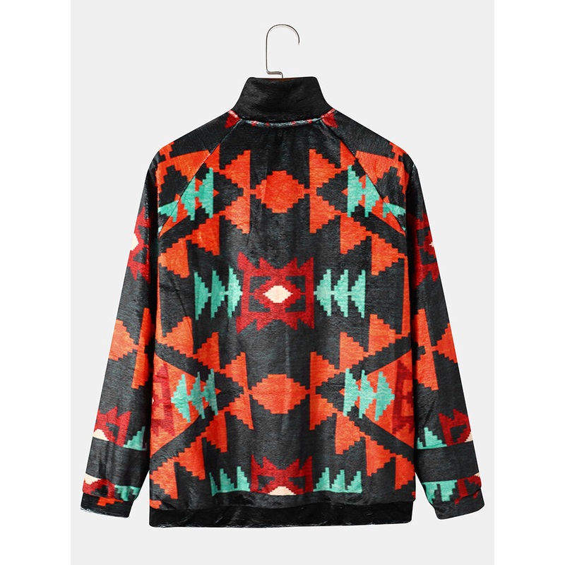 Men Flannel Retro Geometric Zipper Stand Collar Pockets Winter Ethnic Jackets