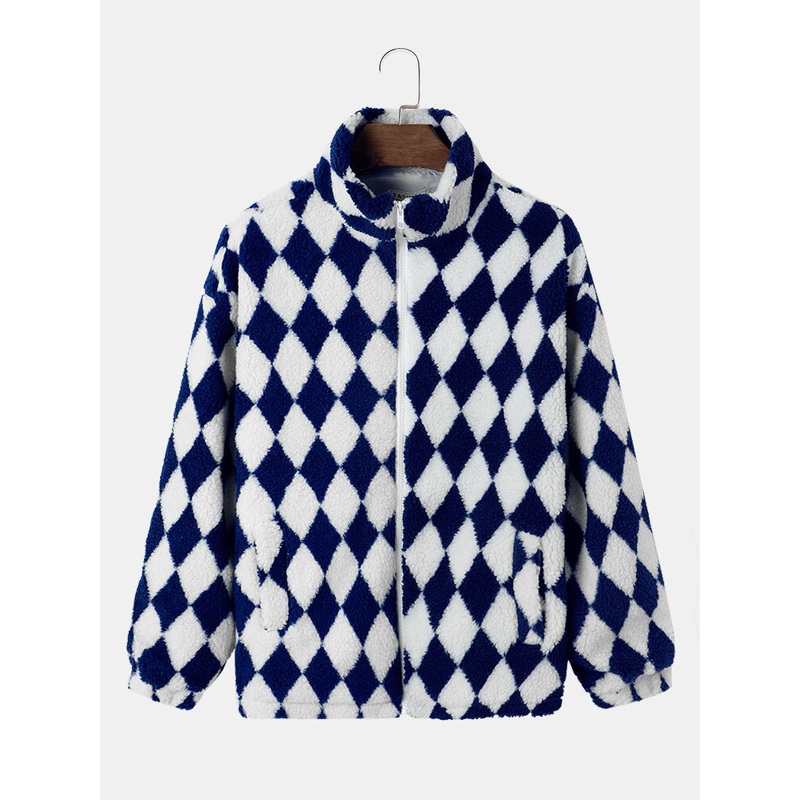 Men Fleece Checkerboard Side Pocket Front Zipper Casual Jackets