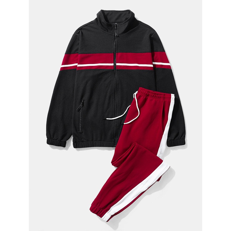 Men Patchwork Zip Jackets Sports Activewear Sets With Side Stripe Joggers Two Pieces Suits