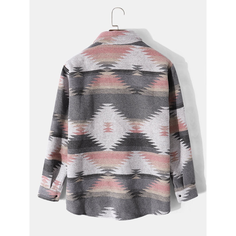 Men Plaid Contrast Woolen Button Loose Winter Shirt Jackets