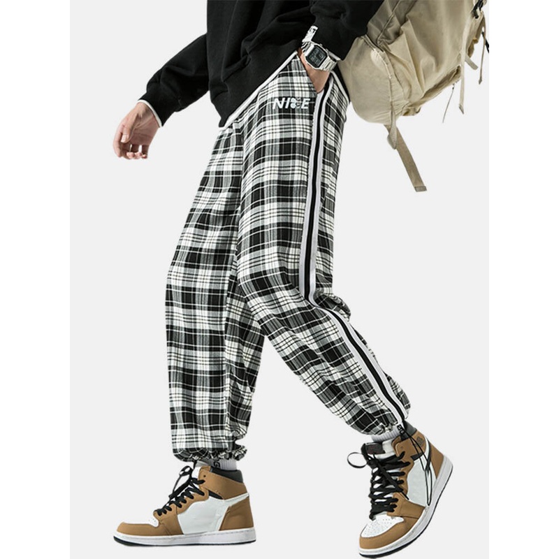 Men Plaid Drawstring Side Ribbon Preppy Pockets Pants