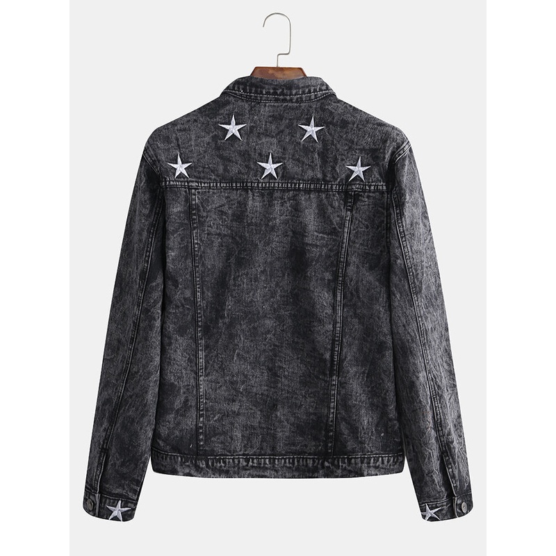 Men’s Fashion Print Pocket Decoration Casual Washed Denim Jacket