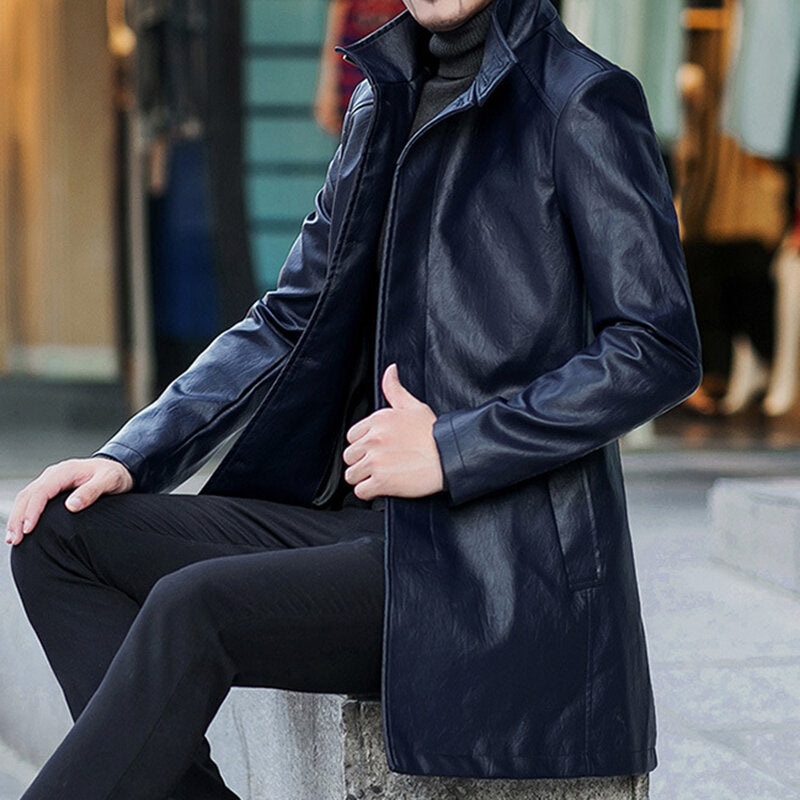 Men’s Mid-Long Casual Business Thicken Warm Stand Collar Jacket