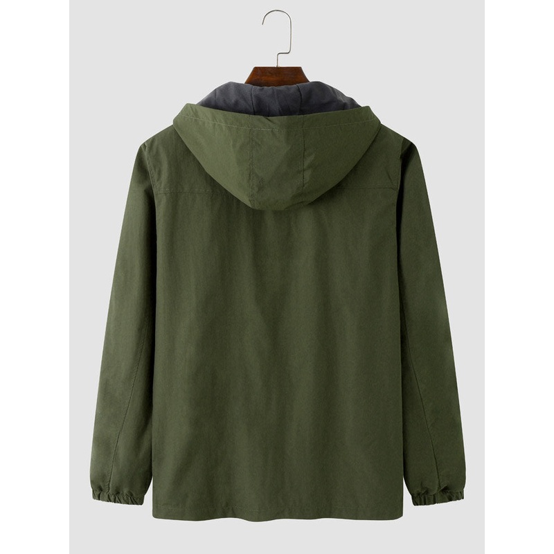 Men Solid Color Drawstring Front Zip Hooded Long Sleeve Casual Coats