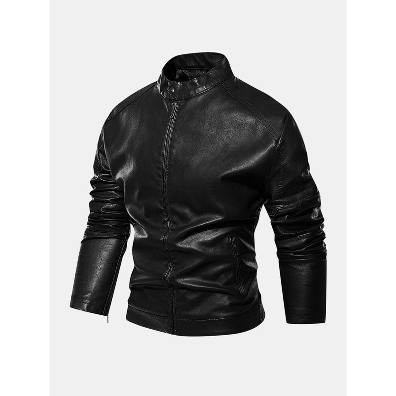 Men Solid Color Zipper Decoration Pockets Stand Collar Casual Coats