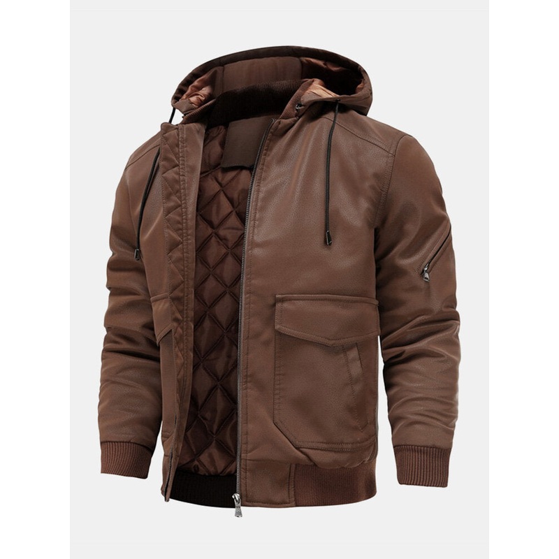 Men Solid Color Zipper Multi Pockets Hooded Thick Warm Casual Coats