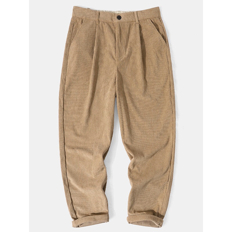 Men Straight Casual Ribbed Zipper Fly Button Ankle Length Pants