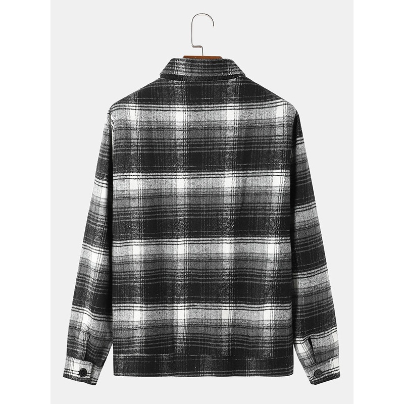 Men Street Plaid Cotton Lapel Contrast Pockets Button Shirts Jackets