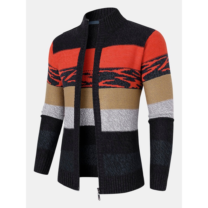 Men Striped Color Block Zipper Stand Collar Casual Cardigans