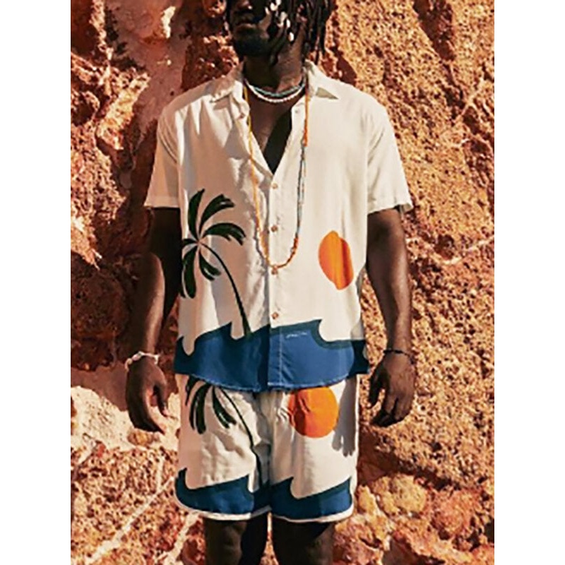 Men Sunset Beach Print Shirts Button Down Shorts & Shirt Set