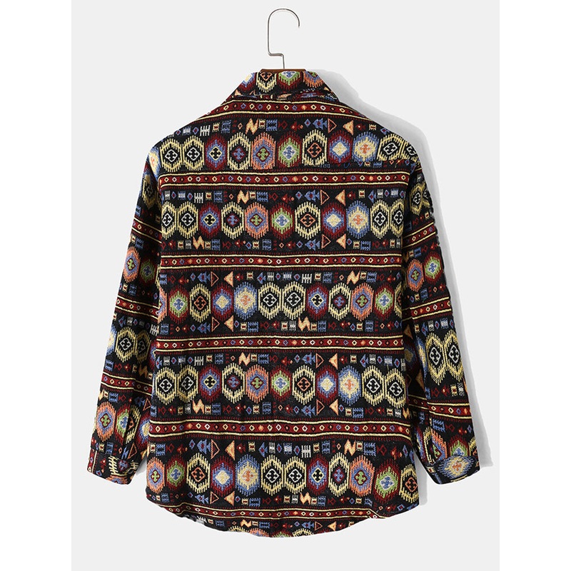 Men Tribal Pattern Retro Button Up Long Sleeve Leisure Jackets