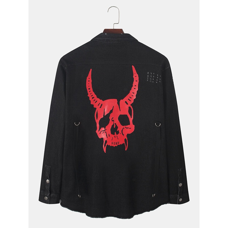 Mens Animal Back Print Lapel Double Pocket Black Denim Jacket