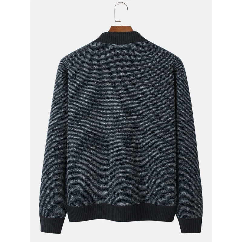 Mens Baseball Collar Rib-Knit Warm Cardigans With Zipped Pocket