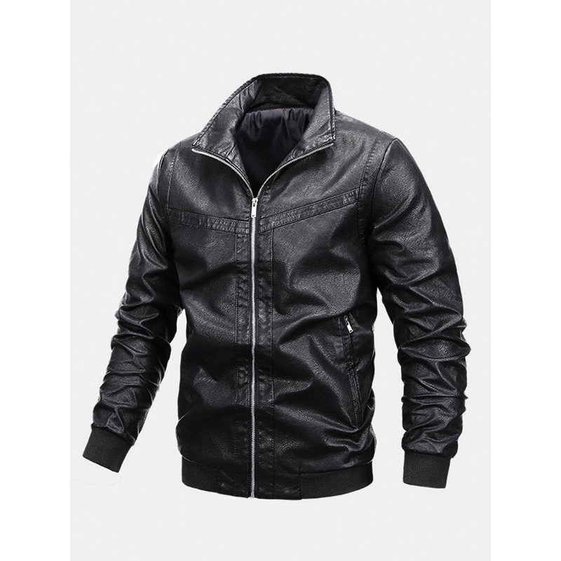 Mens Basic Zipper Stand Collar Casual Relaxed Fit PU Leather Biker Jacket