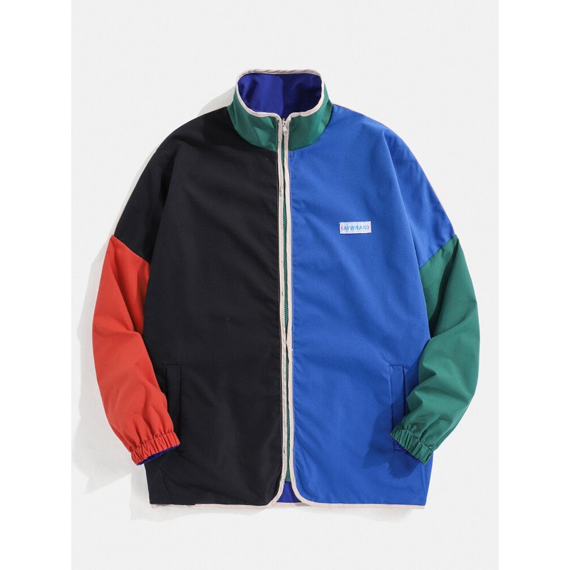 Mens Color Block Patchwork Stand Collar Reversible Relaxed Fit Jacket