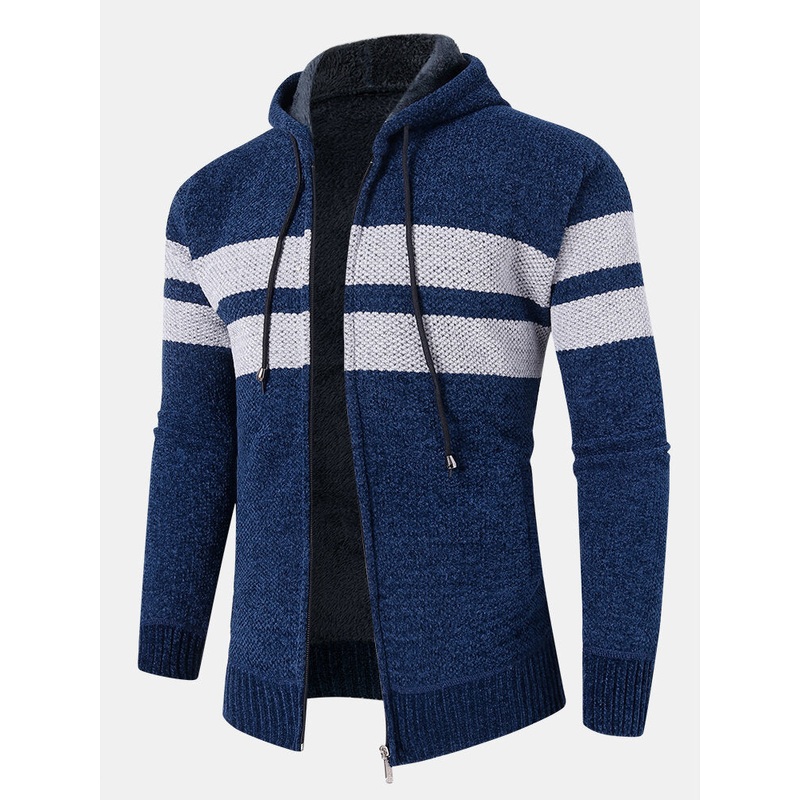 Mens Colorblock Knitted Zipper Warm Hooded Sweater Cardigans
