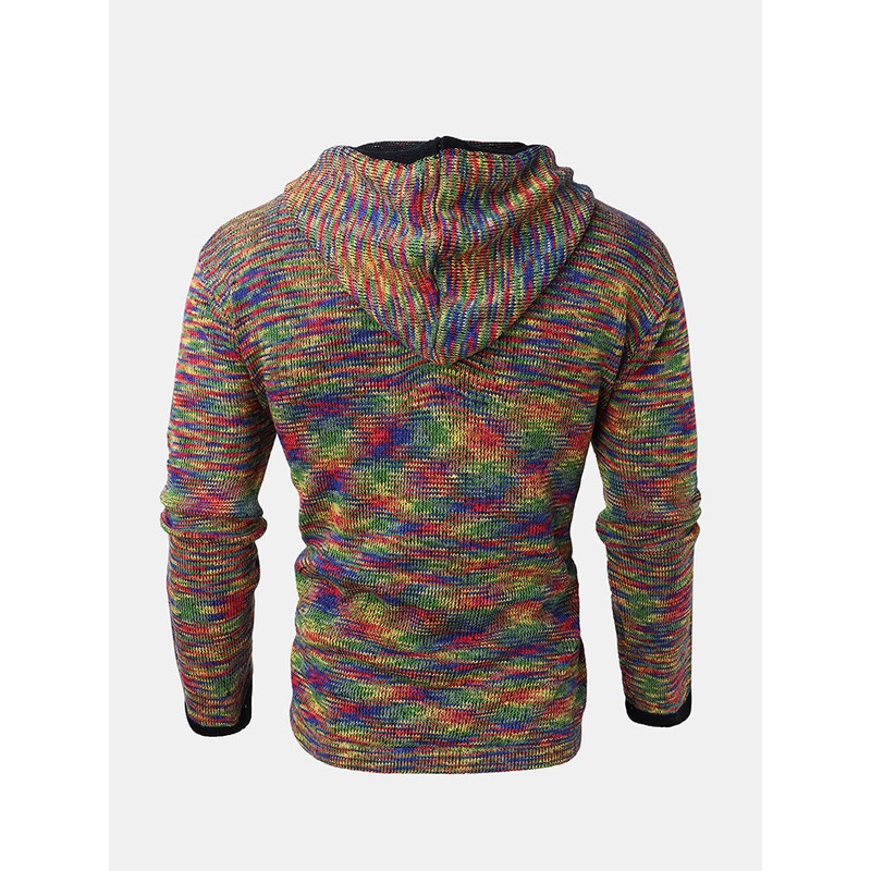 Mens Colorful Knit Zip Front Warm Drawstring Hooded Cardigans With Pocket